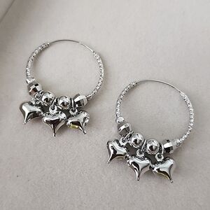 Silver Stainless Steel Hoop Earrings with Heart Charms